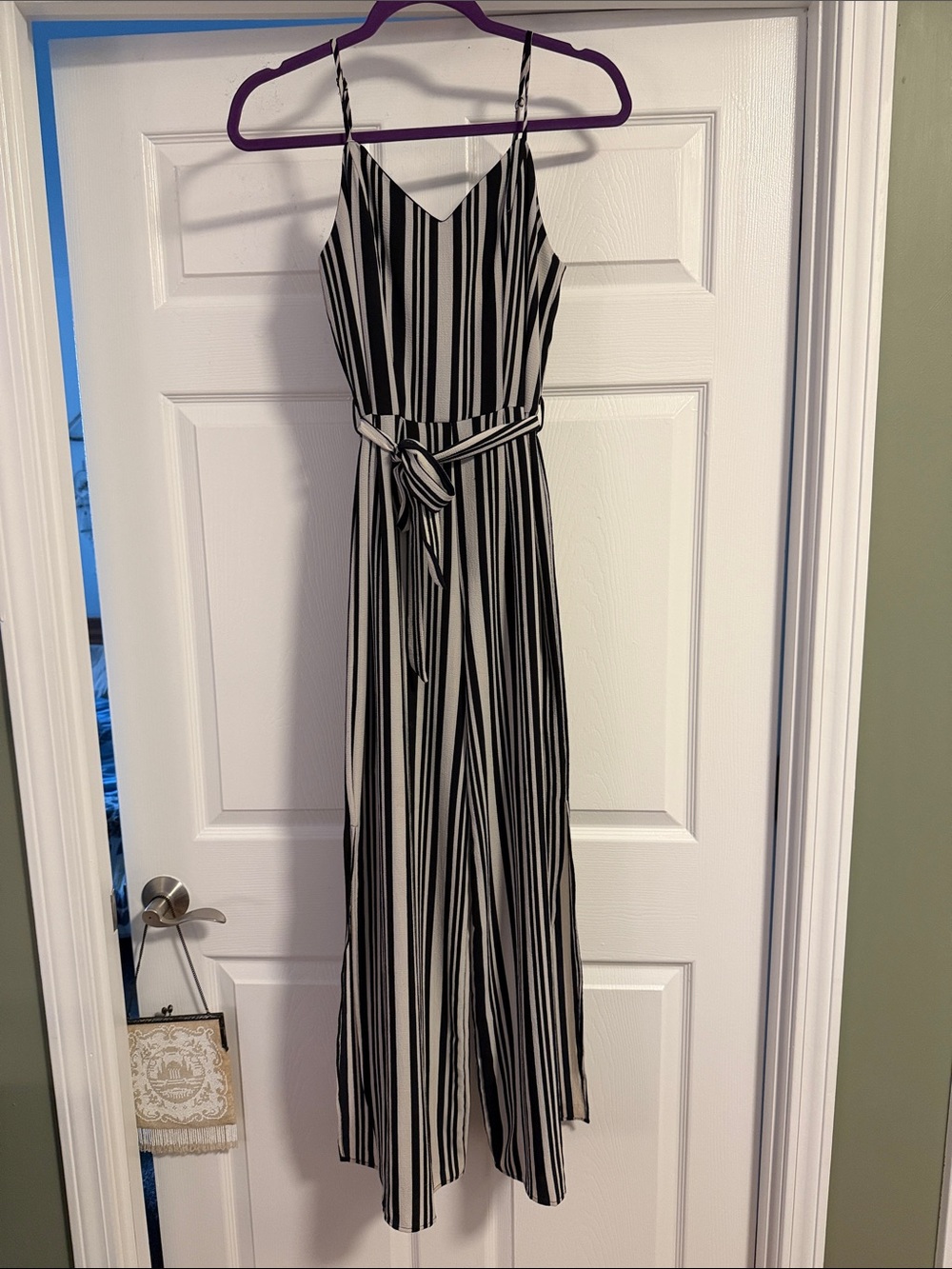 Black and White Vertical Stripe Jumpsuit with Belt